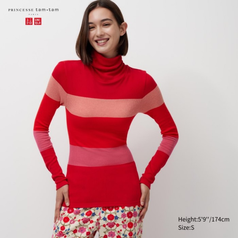 T Shirts Uniqlo HEATTECH Seamless Ribbed Extra Warm Femme Rouge | 9934159