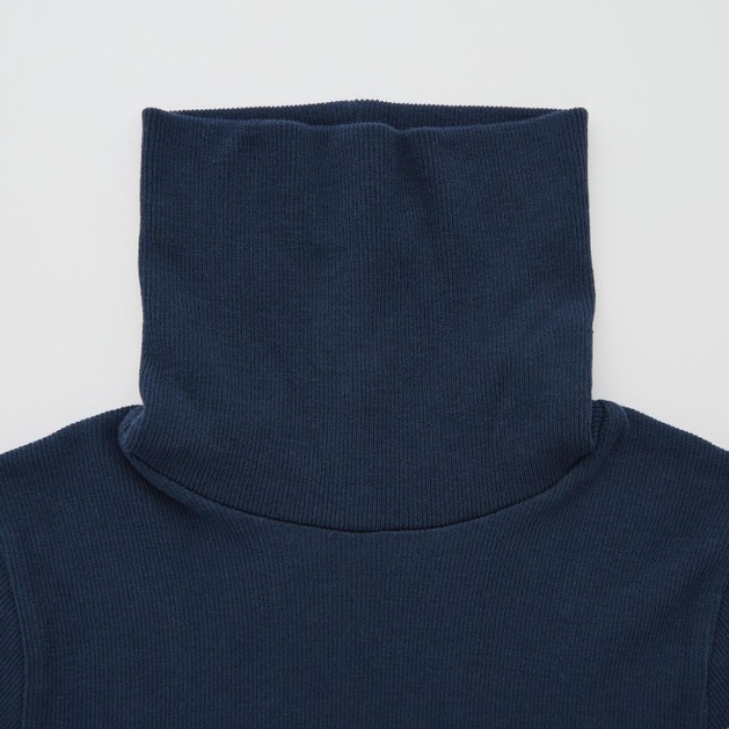 T Shirts Uniqlo HEATTECH Seamless Ribbed Extra Warm Femme Bleu Marine | 8176085