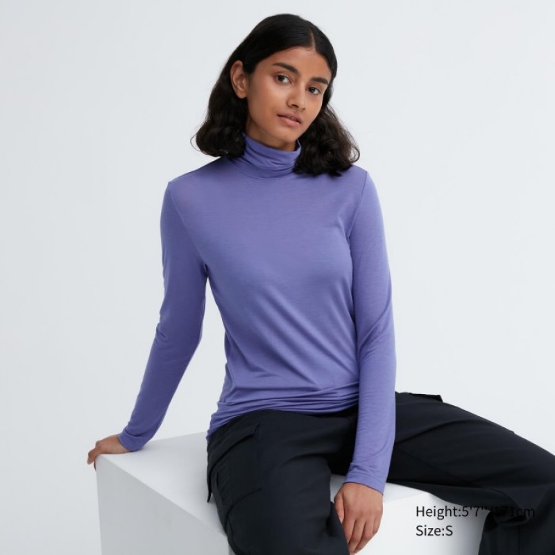 T Shirts Uniqlo HEATTECH Ultra Light Turtleneck Long-Sleeve Femme Violette | 4990517