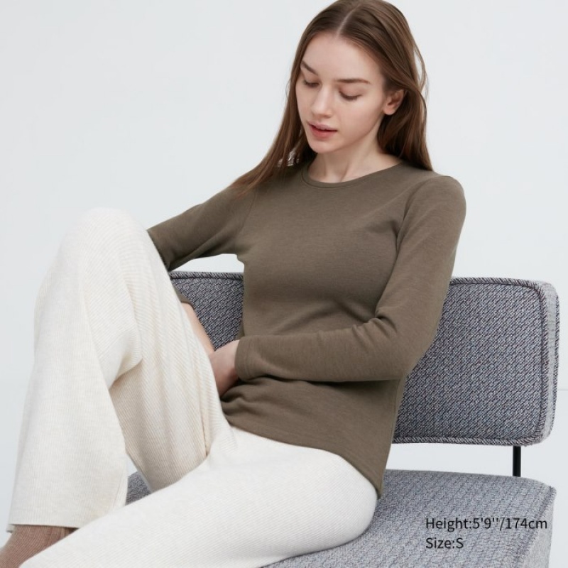 T Shirts Uniqlo HEATTECH Ultra Warm Crew Neck Long-Sleeve Femme Marron | 4225594