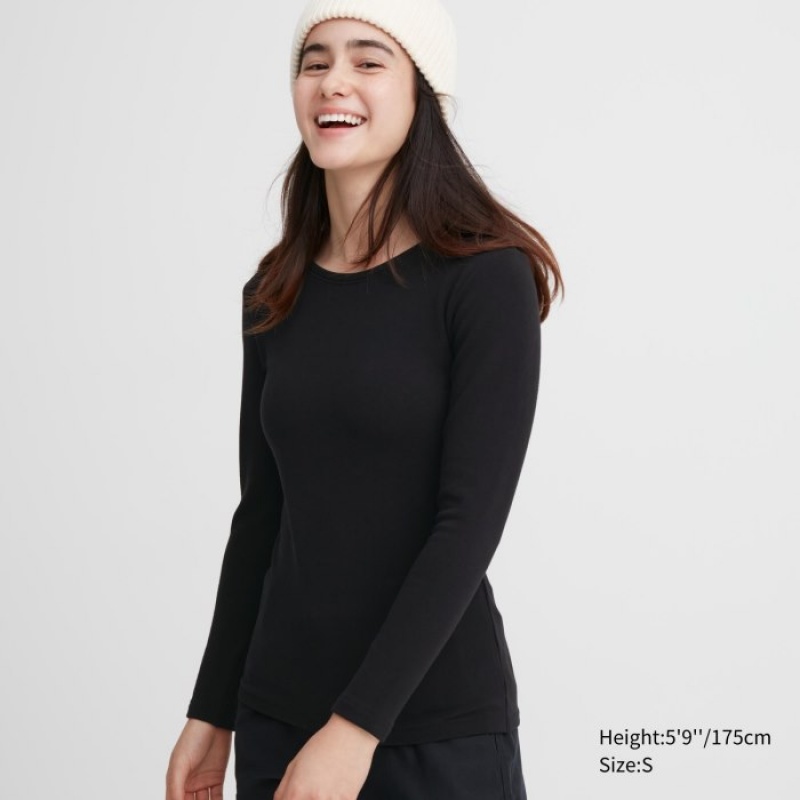 T Shirts Uniqlo HEATTECH Ultra Warm Crew Neck Long-Sleeve Femme Noir | 1014951
