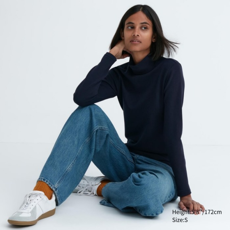 T Shirts Uniqlo HEATTECH Ultra Warm High Neck Femme Bleu Marine | 915483