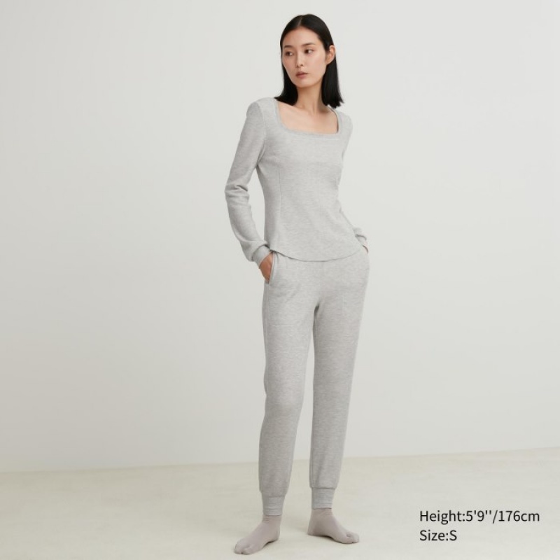 T Shirts Uniqlo HEATTECH Waffle Square Neck Long-Sleeve Femme Grise | 7987615