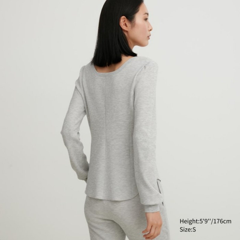 T Shirts Uniqlo HEATTECH Waffle Square Neck Long-Sleeve Femme Grise | 7987615