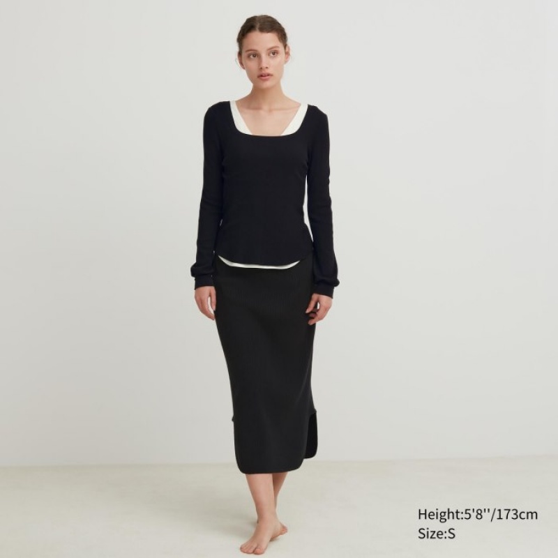 T Shirts Uniqlo HEATTECH Waffle Square Neck Long-Sleeve Femme Noir | 8953255