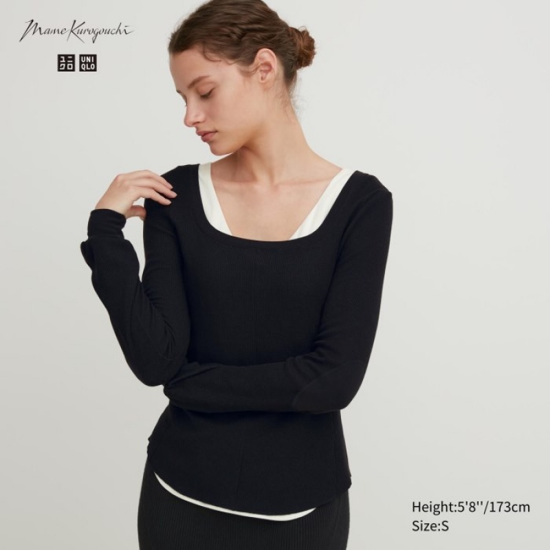 T Shirts Uniqlo HEATTECH Waffle Square Neck Long-Sleeve Femme Noir | 8953255