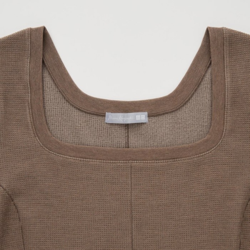 T Shirts Uniqlo HEATTECH Waffle Square Neck Long-Sleeve Femme Marron | 588889