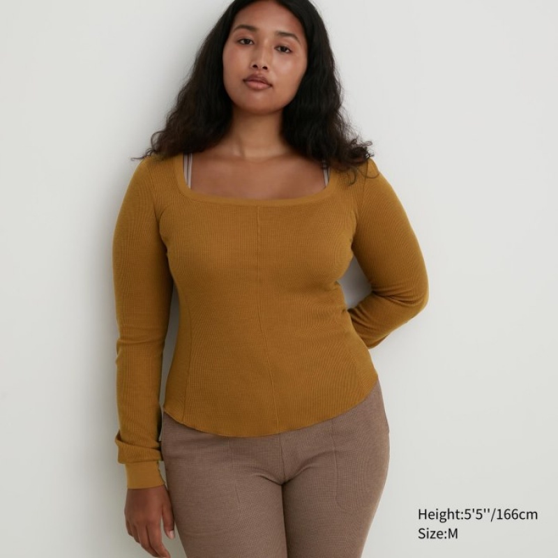 T Shirts Uniqlo HEATTECH Waffle Square Neck Long-Sleeve Femme Marron | 5475003