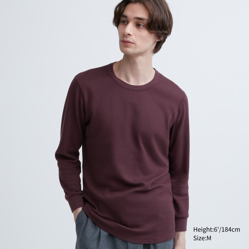 T Shirts Uniqlo Heattech Cotton Waffle Crew Neck Extra Warm Homme Bordeaux | 5585522