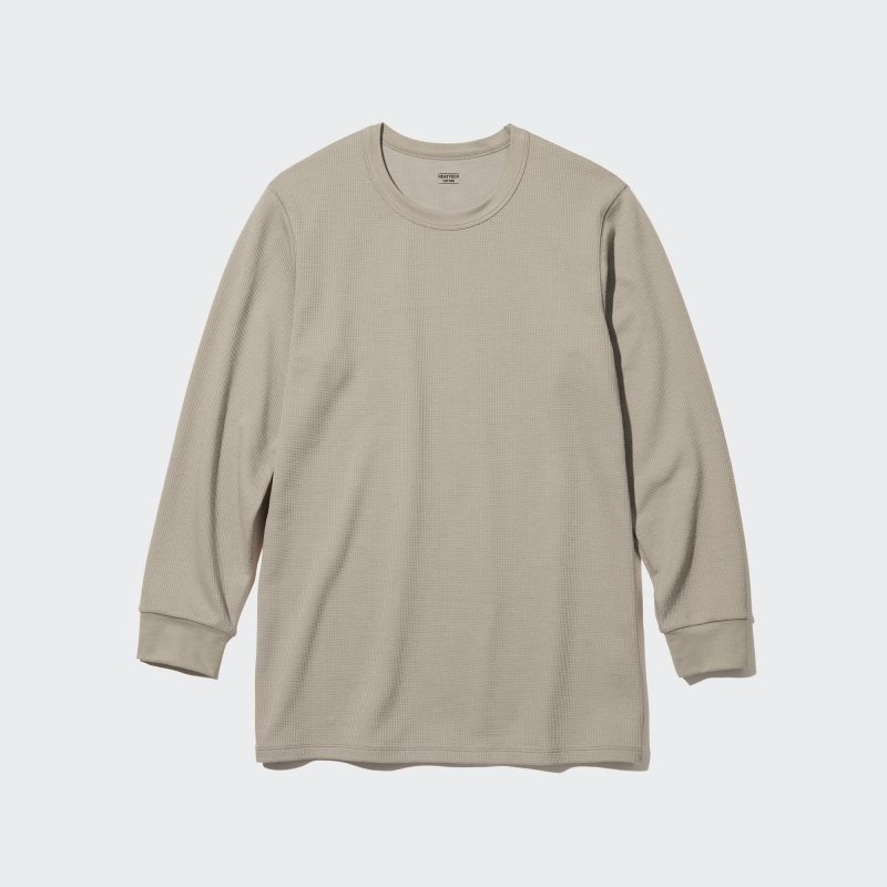 T Shirts Uniqlo Heattech Cotton Waffle Crew Neck Extra Warm Homme Beige | 3004538