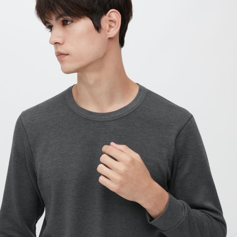 T Shirts Uniqlo Heattech Cotton Waffle Crew Neck Long-sleeve Extra Warm Homme Grise | 7297973