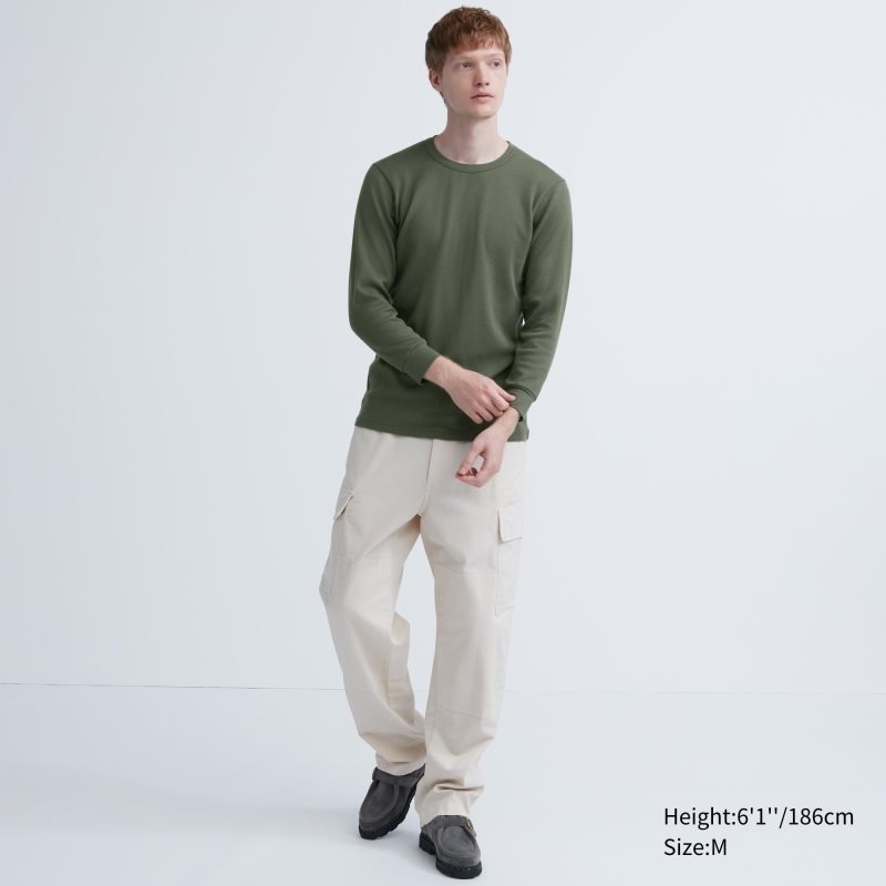 T Shirts Uniqlo Heattech Cotton Waffle Crew Neck Extra Warm Homme Vert Olive | 3877438