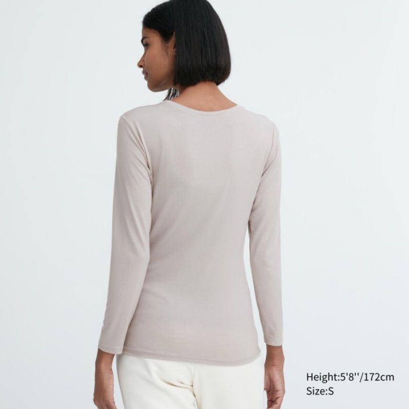 T Shirts Uniqlo Heattech Crew Neck Long-sleeve Femme Grise | 2660646