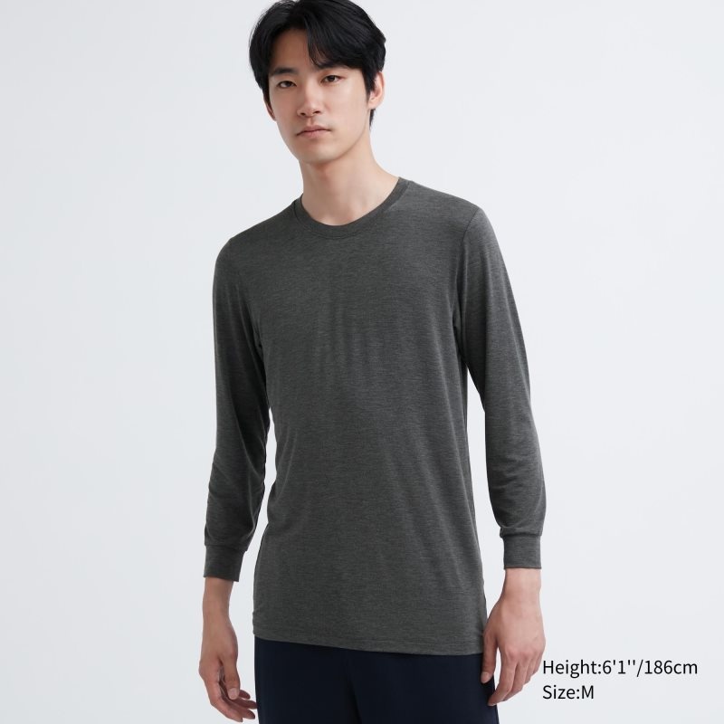 T Shirts Uniqlo Heattech Crew Neck Long-sleeve Homme Grise | 5172388
