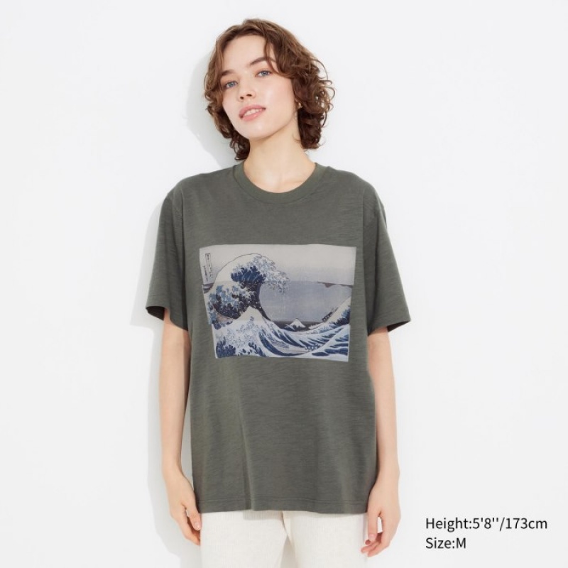 T Shirts Uniqlo Hokusai UT Short Sleeve Femme Vert Olive | 8120422