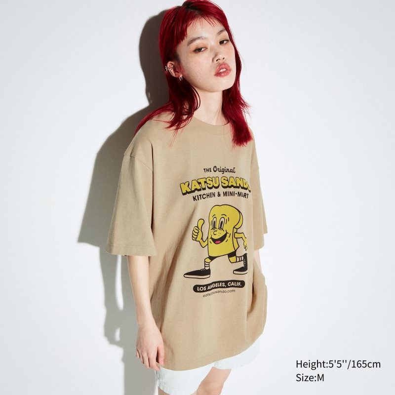 T Shirts Uniqlo L.A. Eats Ut Oversized Short-sleeve Graphic Katsu Sando Homme Beige | 3567862