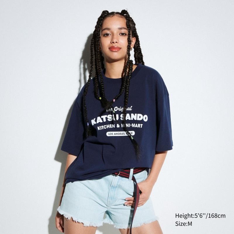 T Shirts Uniqlo L.A. Eats Ut Oversized Short-sleeve Graphic Katsu Sando Homme Bleu Marine | 9424353