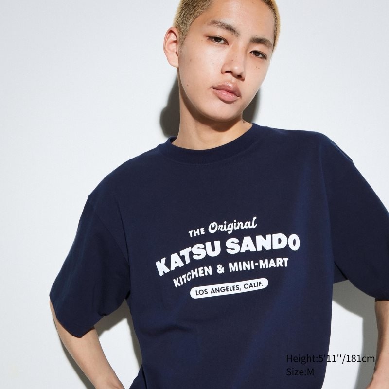 T Shirts Uniqlo L.A. Eats Ut Oversized Short-sleeve Graphic Katsu Sando Homme Bleu Marine | 9424353