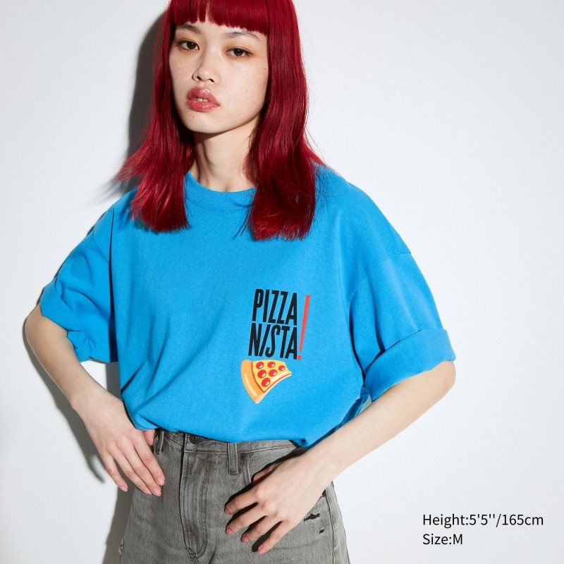 T Shirts Uniqlo L.A. Eats Ut Oversized Short-sleeve Graphic Pizzanista! Homme Bleu | 9704009