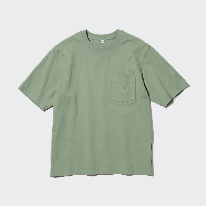 T Shirts Uniqlo Oversized Pocket Crew Neck Half-sleeve Homme Vert | 2687656