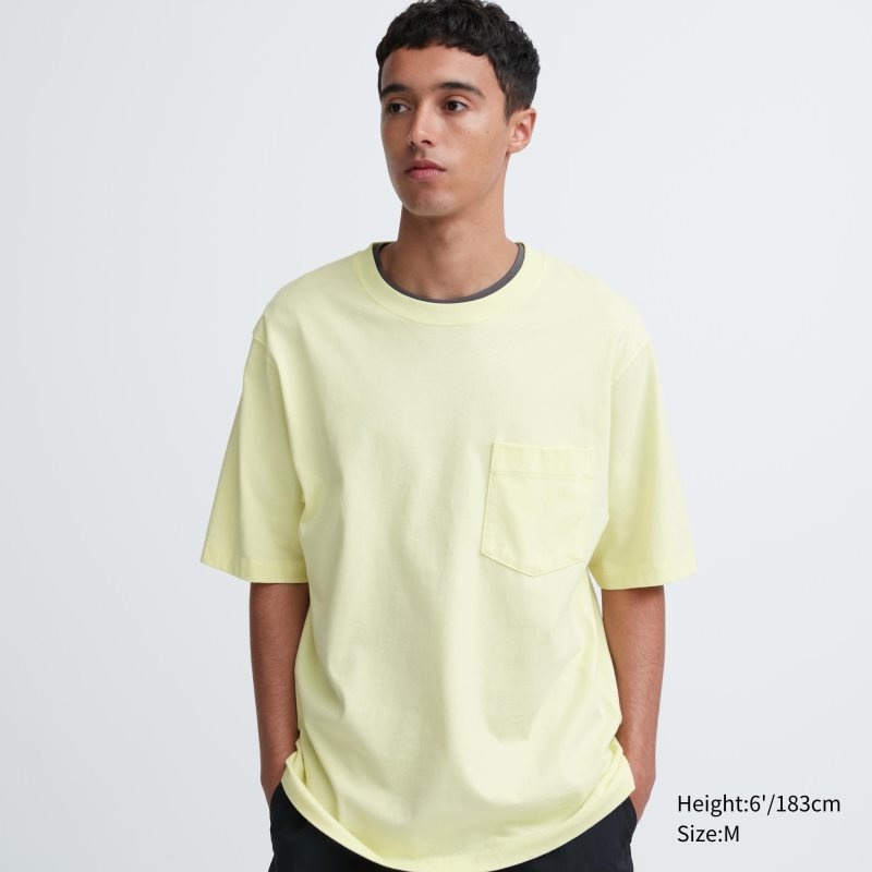 T Shirts Uniqlo Oversized Pocket Crew Neck Half-sleeve Homme Jaune | 8176046
