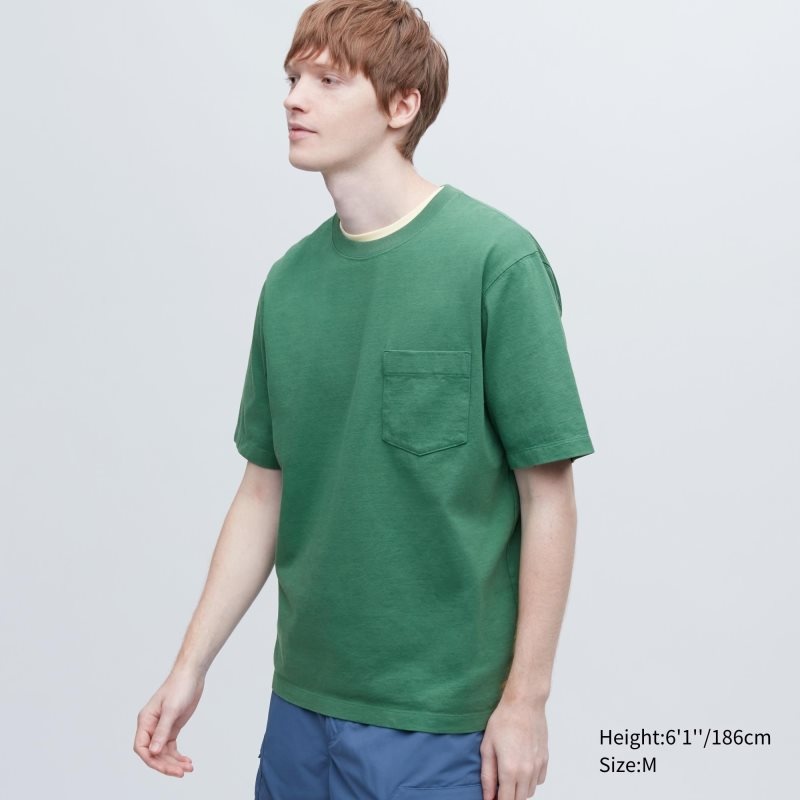 T Shirts Uniqlo Oversized Pocket Crew Neck Half-sleeve Homme Vert | 4200942