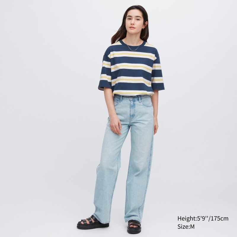 T Shirts Uniqlo Oversized Striped Half-sleeve Homme Bleu | 7876165