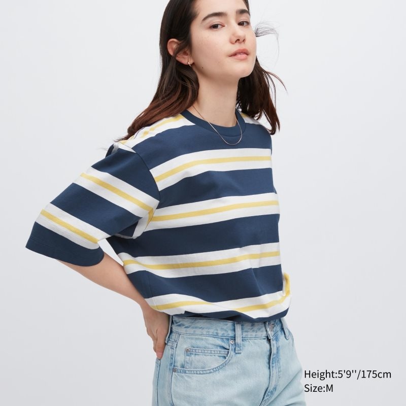 T Shirts Uniqlo Oversized Striped Half-sleeve Homme Bleu | 7876165