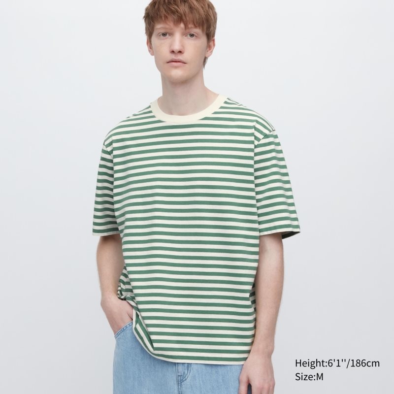 T Shirts Uniqlo Oversized Striped Half-sleeve Homme Vert | 4225962