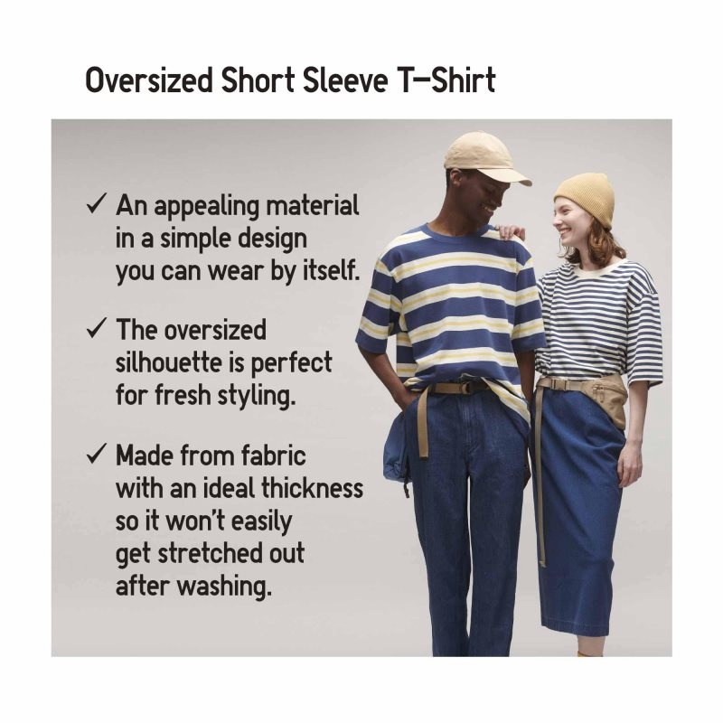 T Shirts Uniqlo Oversized Striped Half-sleeve Homme Grise | 4453904
