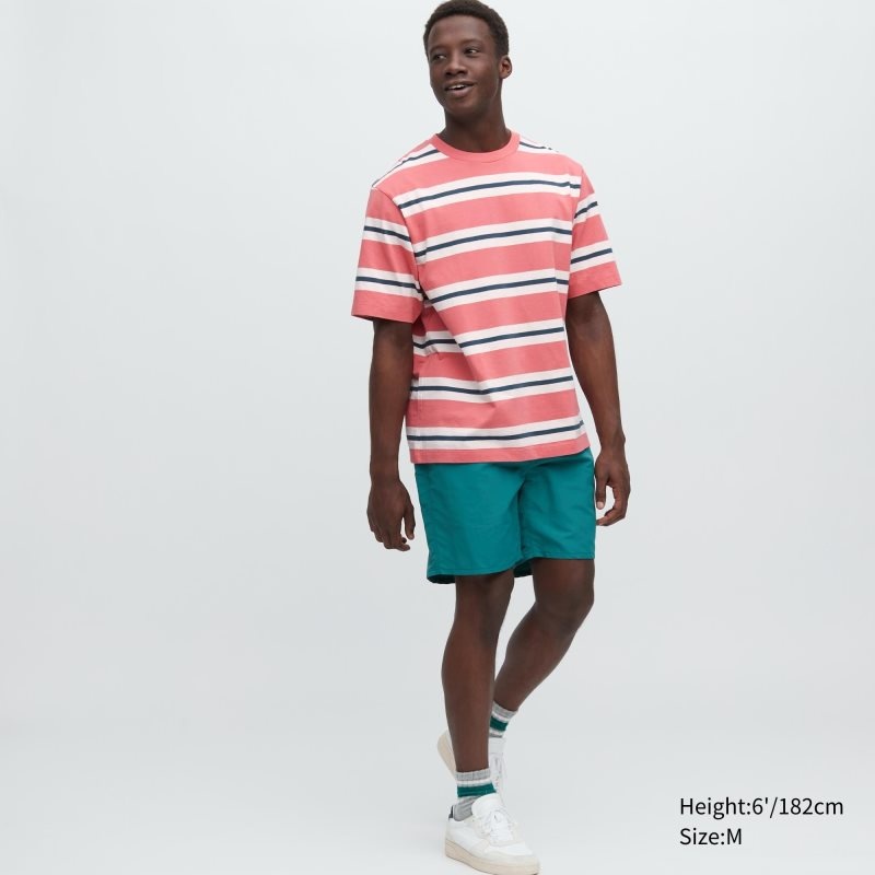 T Shirts Uniqlo Oversized Striped Half-sleeve Homme Rose | 7025133
