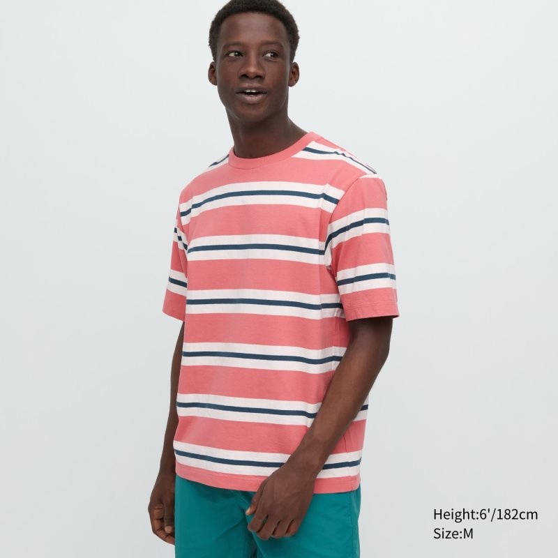 T Shirts Uniqlo Oversized Striped Half-sleeve Homme Rose | 7025133