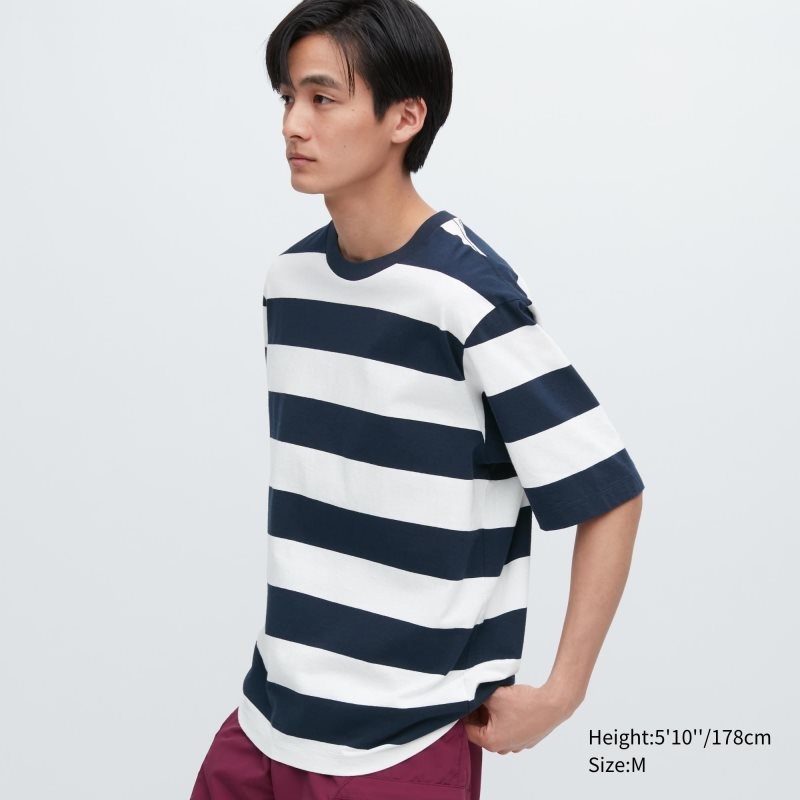 T Shirts Uniqlo Oversized Striped Half-sleeve Homme Bleu Marine | 9559405
