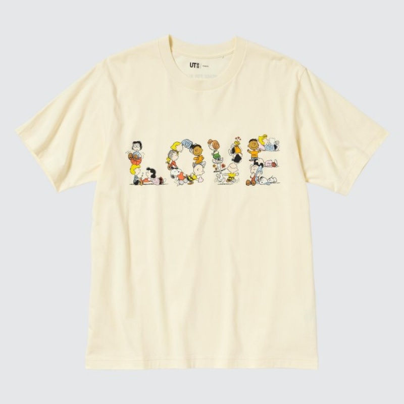 T Shirts Uniqlo PEACE FOR ALL Short-Sleeve Graphic Peanuts Femme Jaune | 4645361