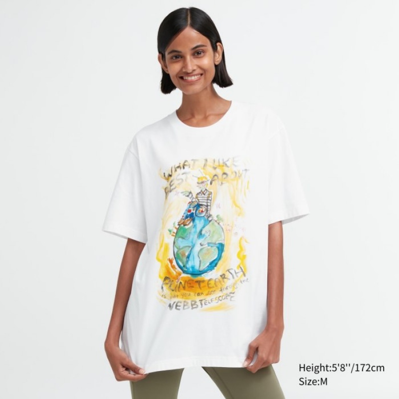 T Shirts Uniqlo PEACE FOR ALL Short-Sleeve Graphic Francesco Risso Femme Blanche | 781835