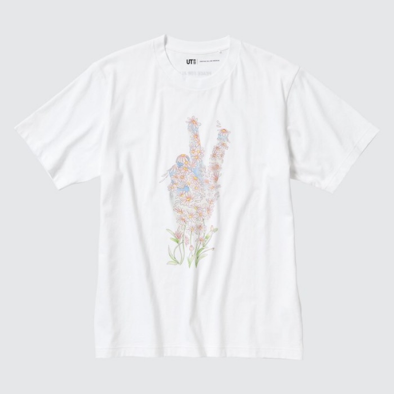 T Shirts Uniqlo PEACE FOR ALL Short-Sleeve Graphic JW Anderson Femme Blanche | 5599482