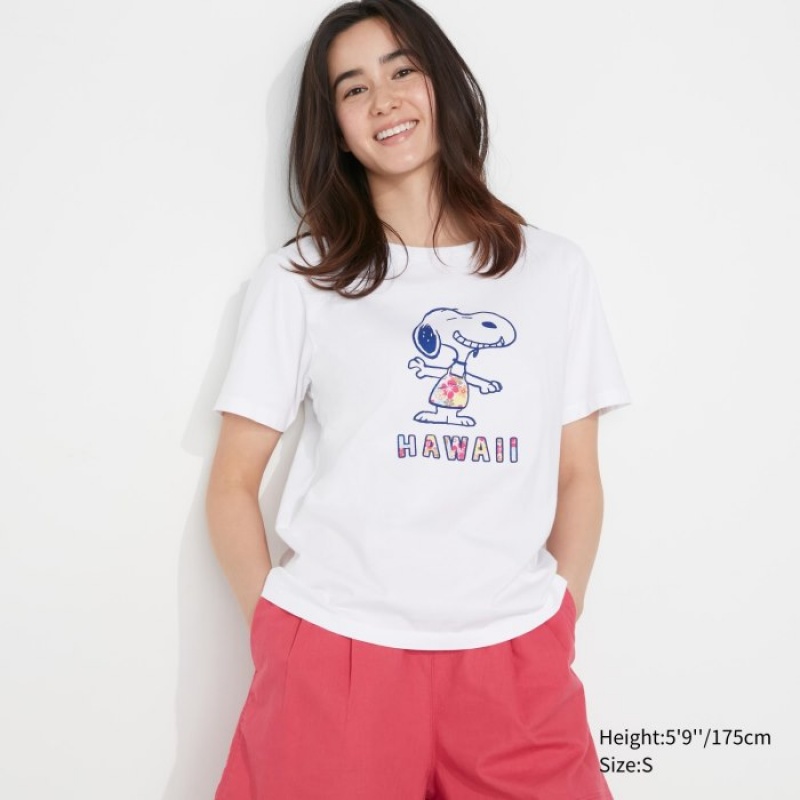 T Shirts Uniqlo Peanuts Hawaii UT Short-Sleeve Femme Blanche | 7936040