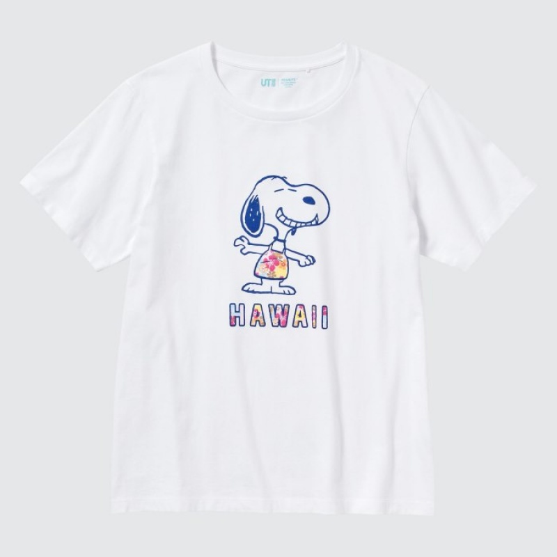 T Shirts Uniqlo Peanuts Hawaii UT Short-Sleeve Femme Blanche | 7936040