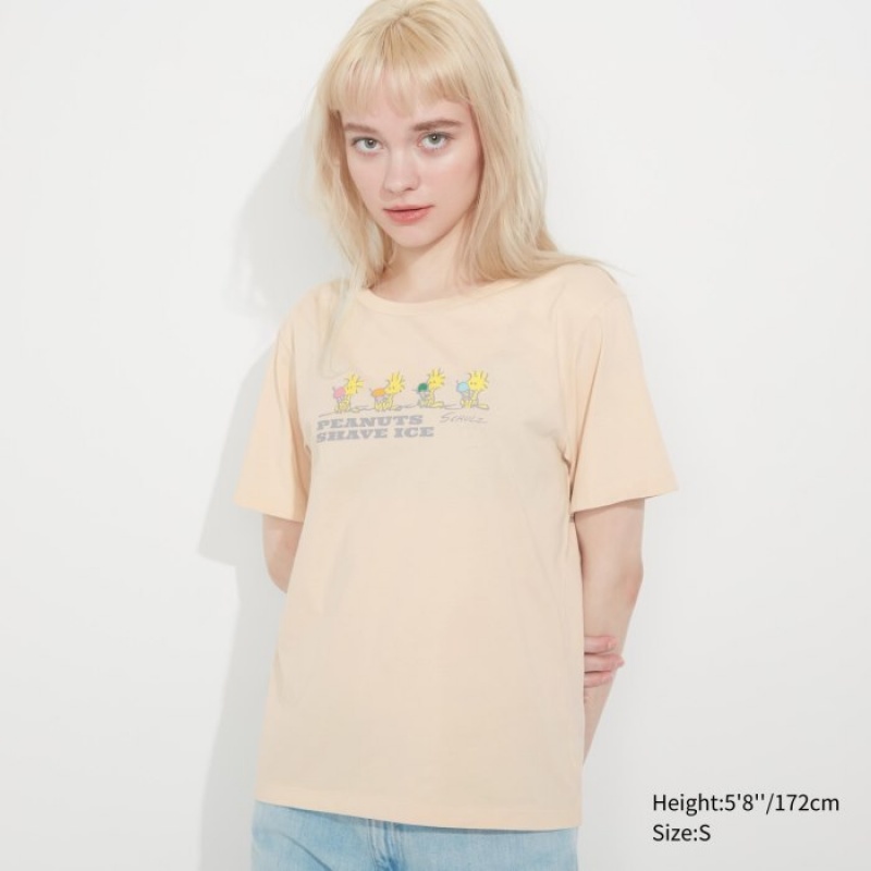 T Shirts Uniqlo Peanuts Hawaii UT Short-Sleeve Femme Beige | 4304432