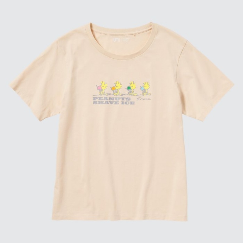 T Shirts Uniqlo Peanuts Hawaii UT Short-Sleeve Femme Beige | 4304432