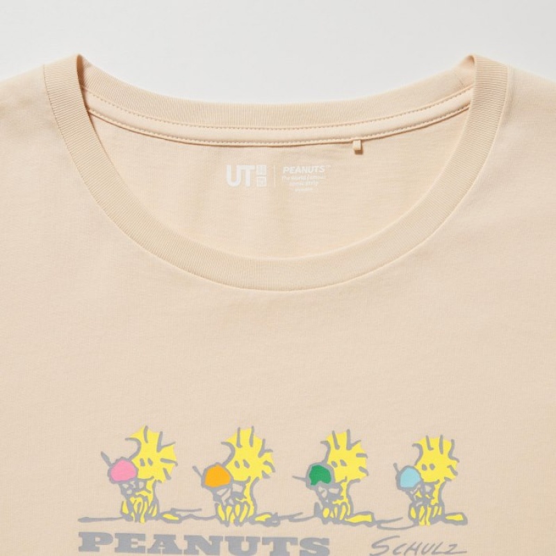 T Shirts Uniqlo Peanuts Hawaii UT Short-Sleeve Femme Beige | 4304432