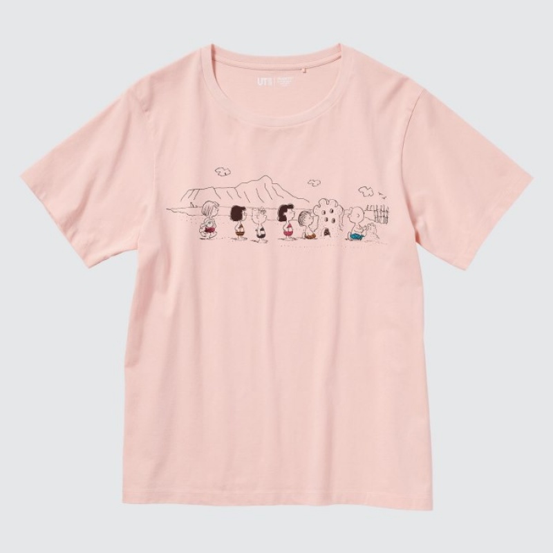 T Shirts Uniqlo Peanuts Hawaii UT Short-Sleeve Femme Rose | 2157412