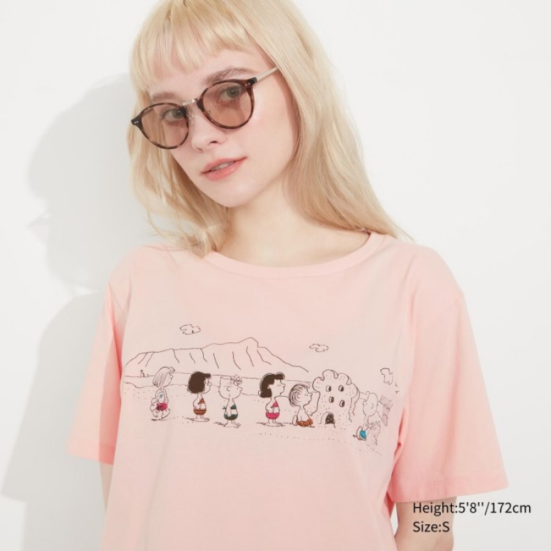 T Shirts Uniqlo Peanuts Hawaii UT Short-Sleeve Femme Rose | 2157412