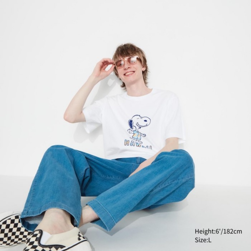 T Shirts Uniqlo Peanuts Hawaii UT Short Sleeve Femme Blanche | 2699426