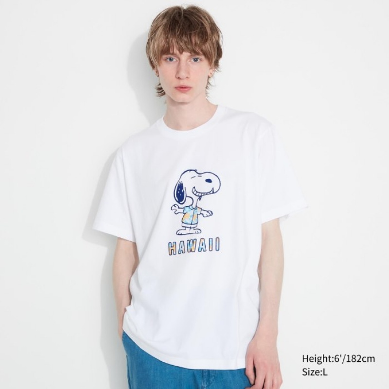 T Shirts Uniqlo Peanuts Hawaii UT Short Sleeve Femme Blanche | 2699426