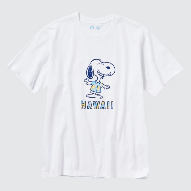 T Shirts Uniqlo Peanuts Hawaii UT Short Sleeve Femme Blanche | 2699426