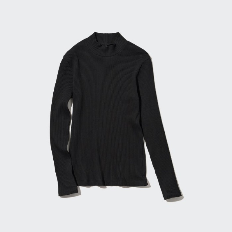 T Shirts Uniqlo Ribbed High Neck Long-Sleeve Femme Noir | 2215223