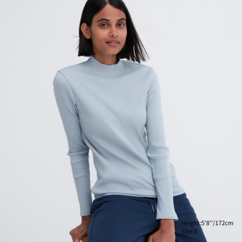 T Shirts Uniqlo Ribbed High Neck Long-Sleeve Femme Bleu | 2269663