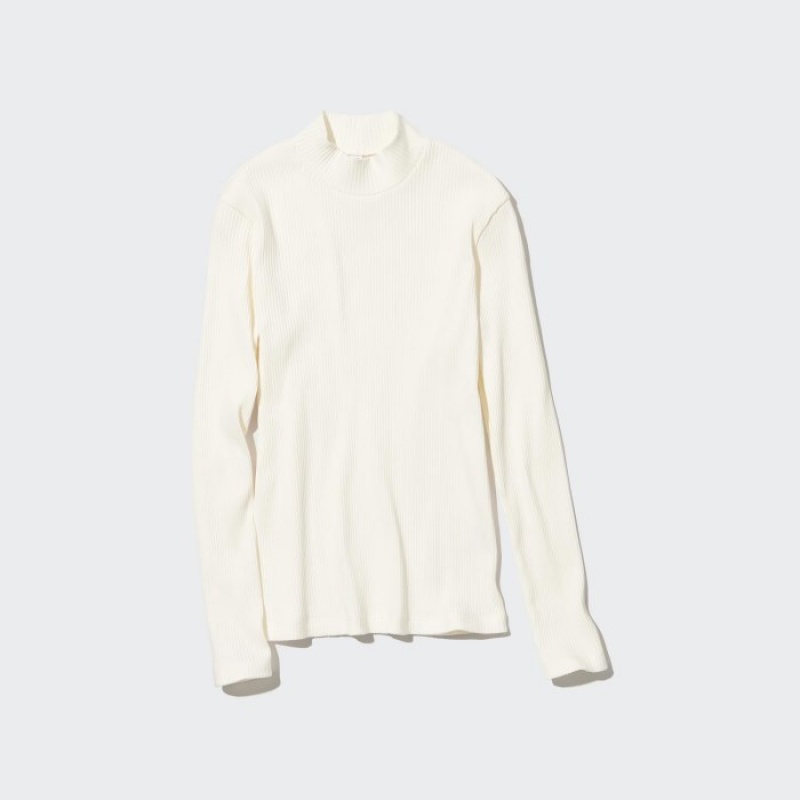 T Shirts Uniqlo Ribbed High Neck Long-Sleeve Femme Blanche | 4383421