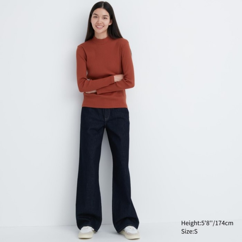 T Shirts Uniqlo Ribbed High Neck Long-Sleeve Femme Violette | 9591574